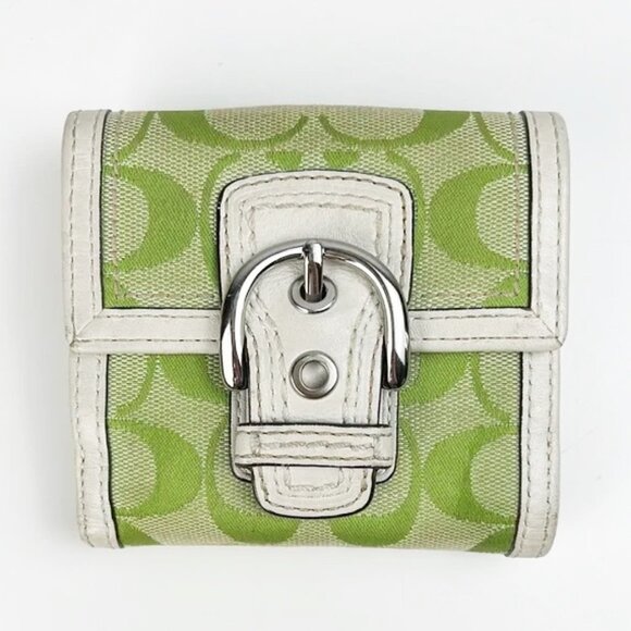 RARE Coach Y2K Vintage Green White Signature Monogram Logo Buckle Bifold Wallet - Picture 1 of 16
